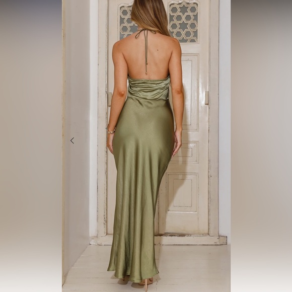 Olive Satin Dress with Detachable Flower Detail - New With Tags - Picture 3 of 3